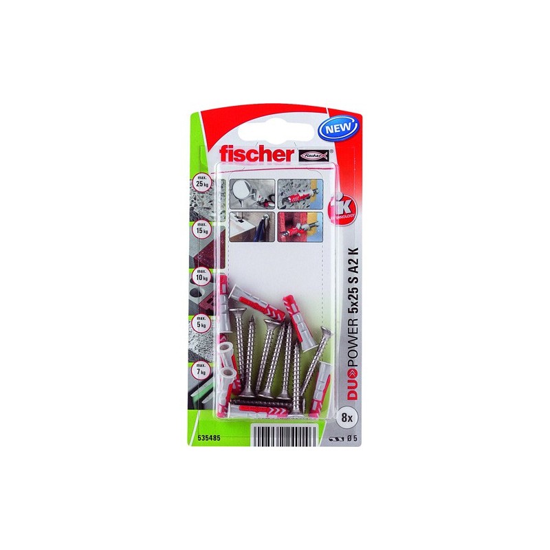 Fischer Plug Duopower 10x50mm met RVS A2 schroef 8 stuks