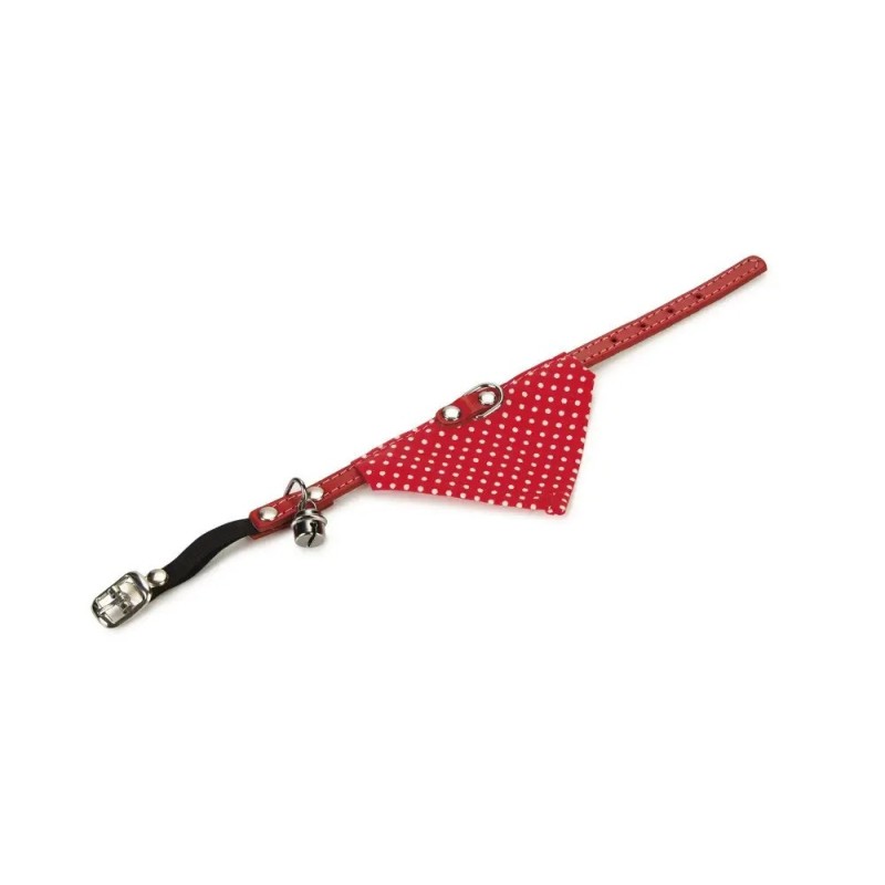 Kattenhalsband leer met bel en doek rood  32x1x0,2 cm